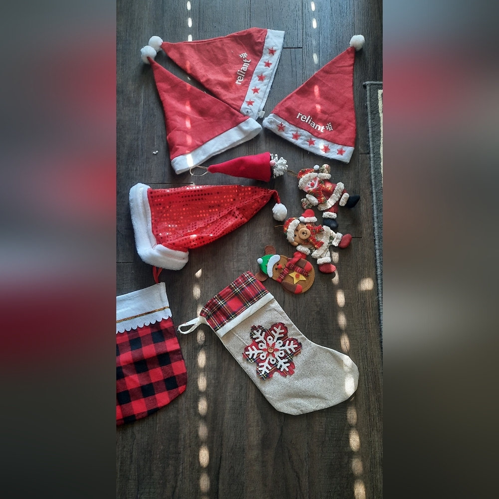 Festive Red Santa Hat Set And Christmas Ornaments And Socks